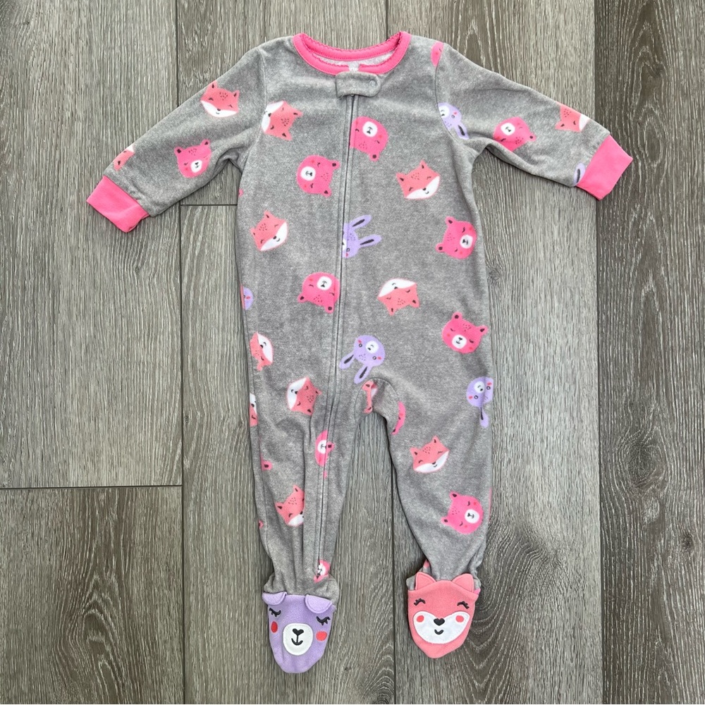 CARTERS FLEECE ZIP UP FOOTED SLEEPER ANIMALS GREY 12MO